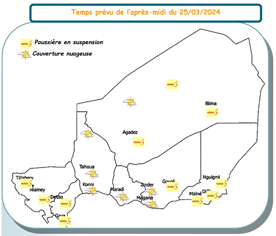 Bulletin météo quotidien du 25 mars 2024 sur le Niger pour les prochaines 24 heures.
Elaboré par la Direction de la Météorologie Nationale du Niger.