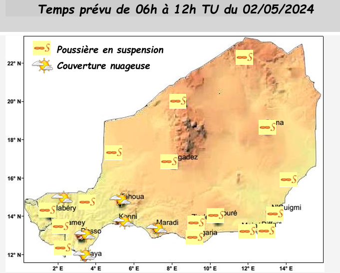 Bulletin météo de briefing du 02 avril 2024 sur le Niger pour les prochaines 06 heures.
Elaboré par la Direction de La Météorologie Nationale du Niger.