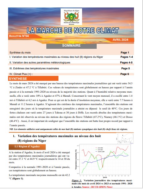 Bulletin Climatique Mensuel du mois d'avril 2024 élaboré a la Direction de la Météorologie Nationale du Niger ( DMN )